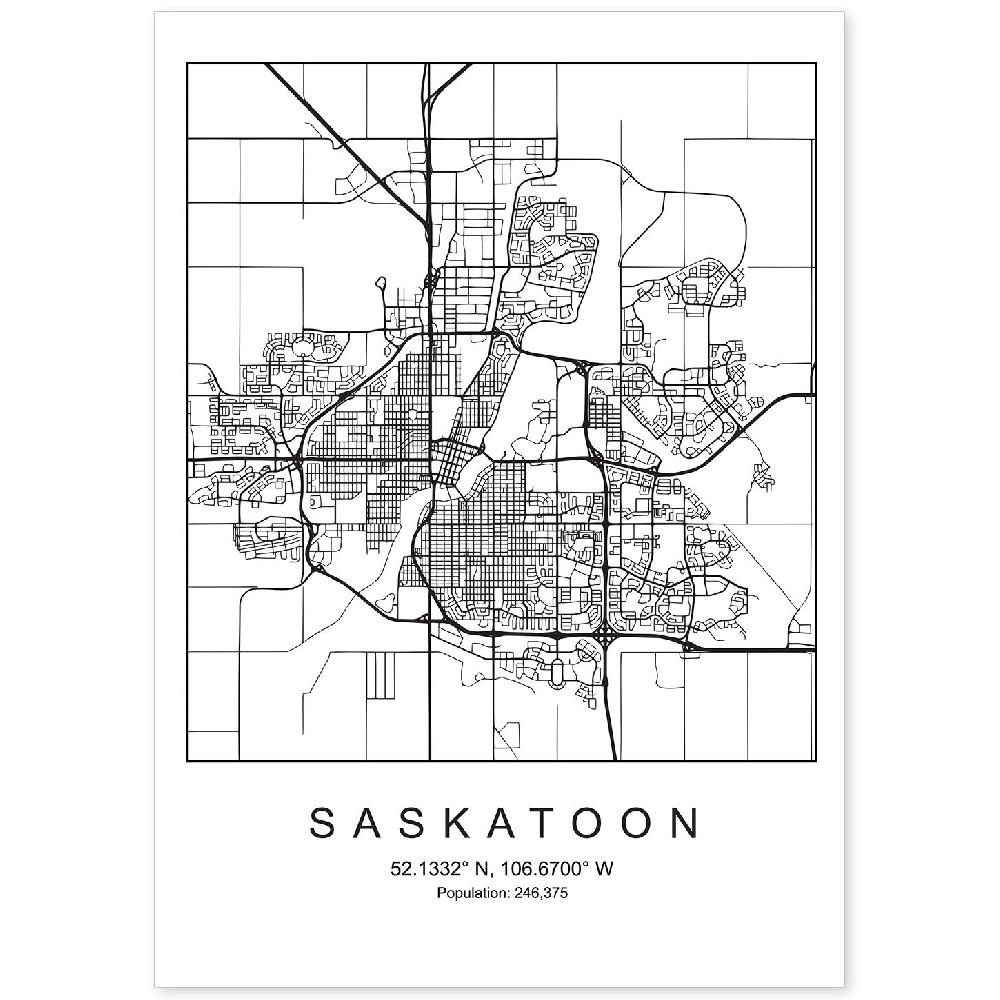 nacnic Lámina estilo nórdico del mapa de Saskatoon en blanco y negro