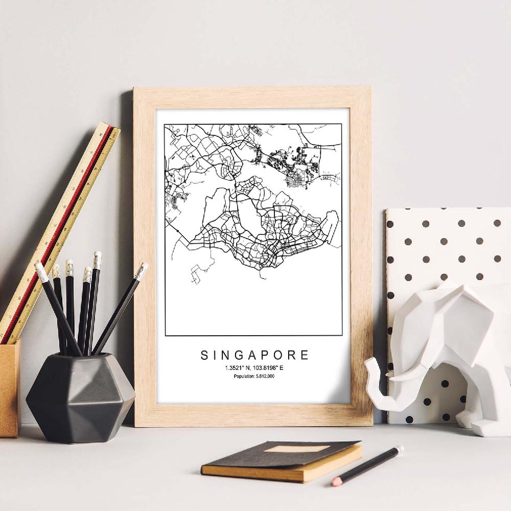 Nacnic Lámina Estilo Nórdico Del Mapa De Singapore En Blanco Y Negro
