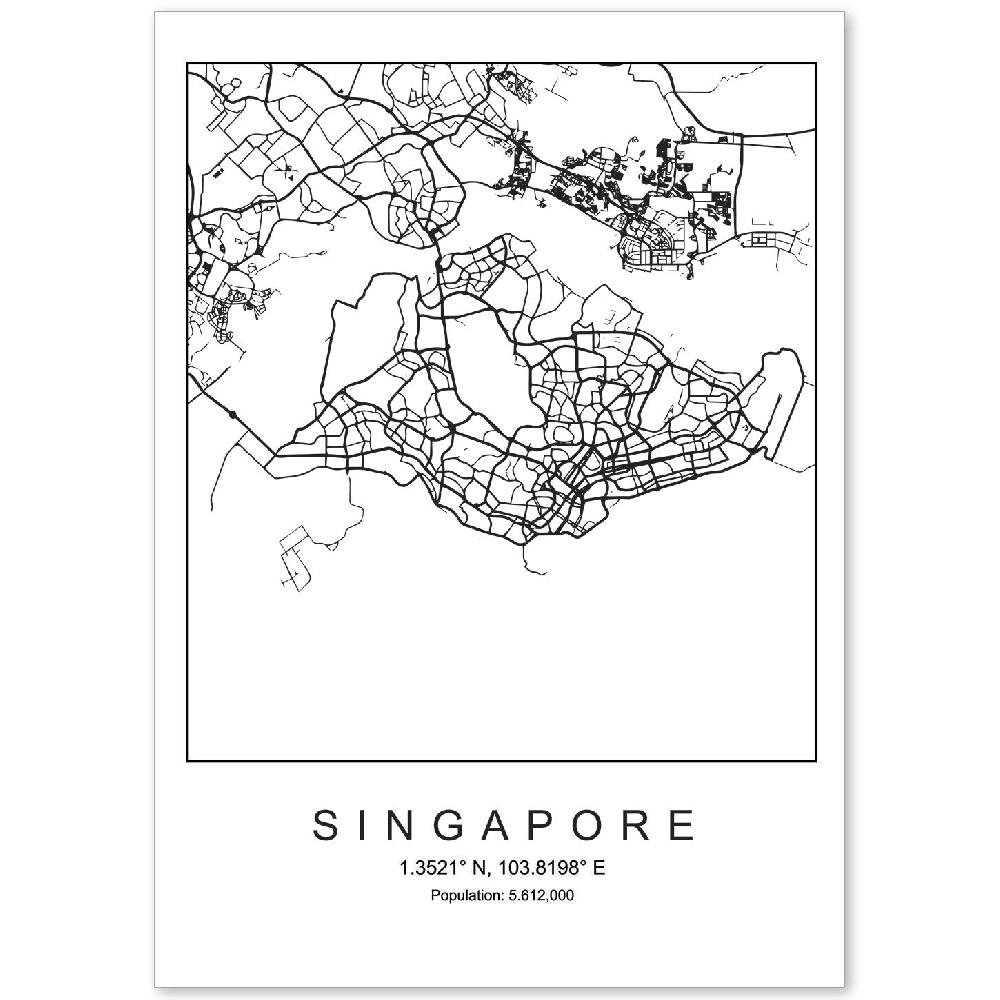 nacnic Lámina estilo nórdico del mapa de Singapore en blanco y negro