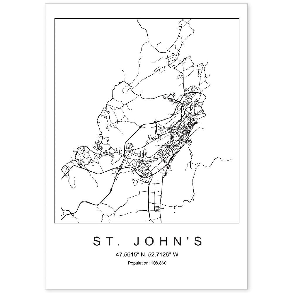 nacnic Lámina estilo nórdico del mapa de St. John's en blanco y negro