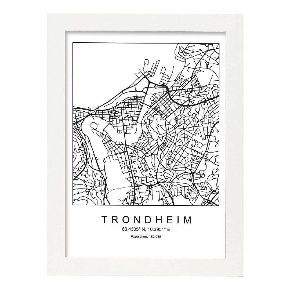 Nacnic Lámina Estilo Nórdico Mapa Ciudad Trondheim Blanco Y Negro