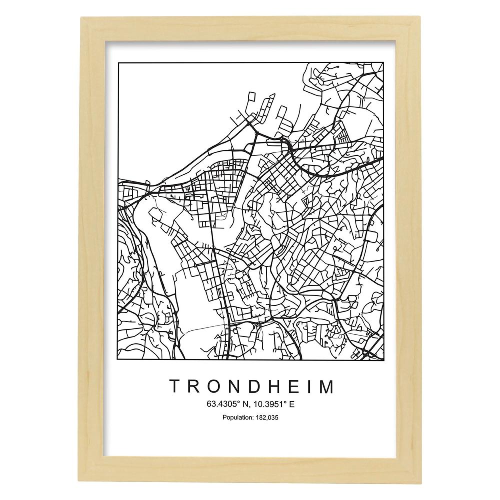 Nacnic Lámina Estilo Nórdico Mapa Ciudad Trondheim Blanco Y Negro