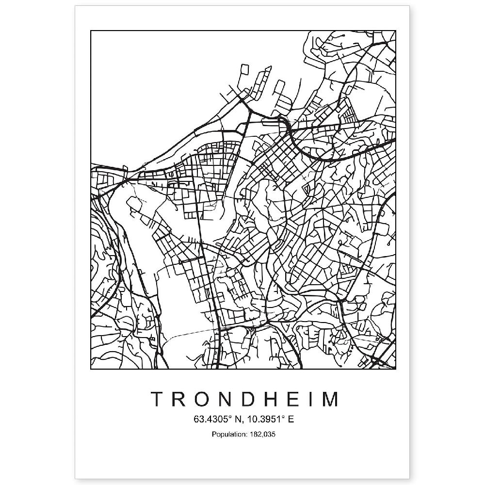 nacnic Lámina Estilo Nórdico Mapa Ciudad Trondheim Blanco y Negro
