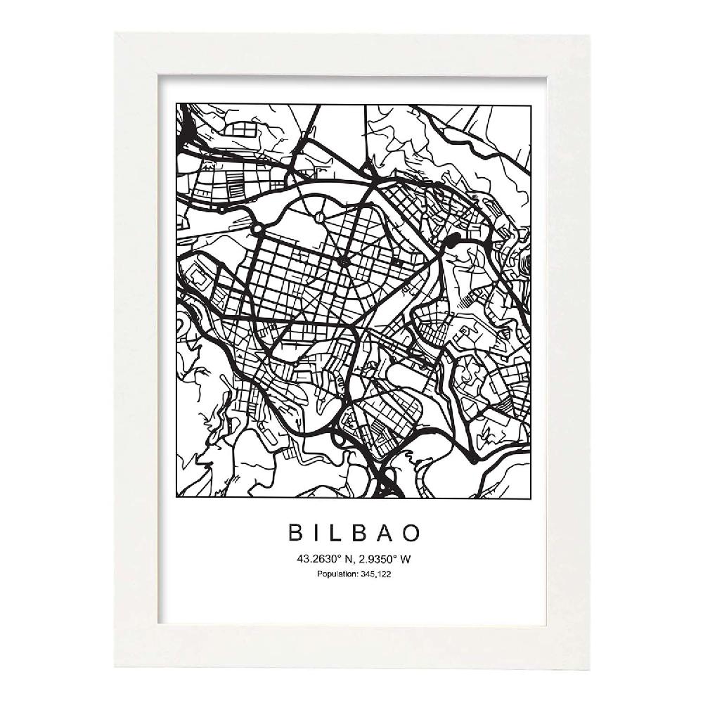 Nacnic Lámina Estilo Nórdico Mapa De Bilbao En Blanco Y Negro