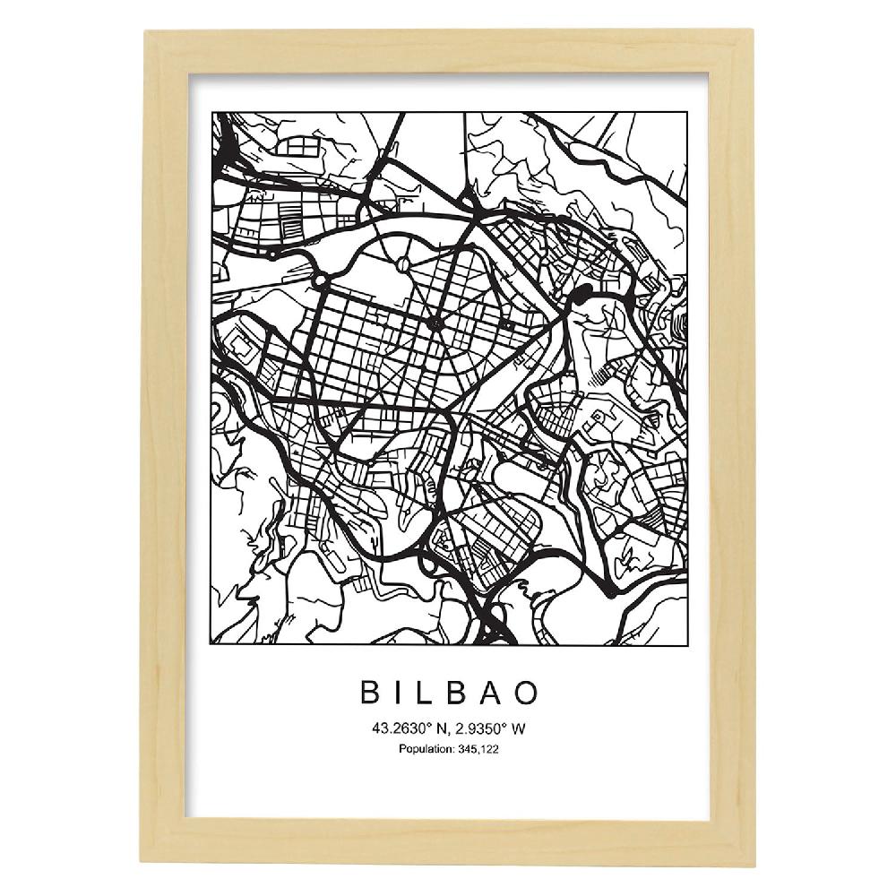 Nacnic Lámina Estilo Nórdico Mapa De Bilbao En Blanco Y Negro