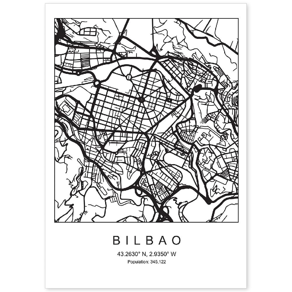 nacnic Lámina estilo nórdico mapa de Bilbao en blanco y negro