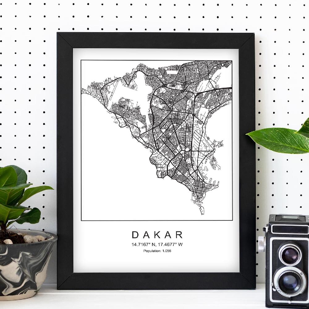 Nacnic Lámina Estilo Nórdico Mapa De Dakar En Blanco Y Negro