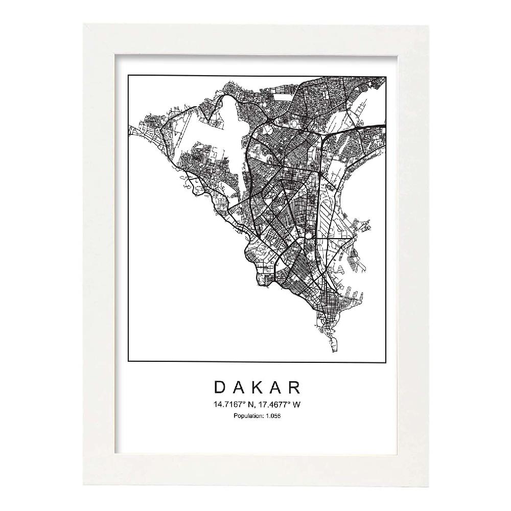 Nacnic Lámina Estilo Nórdico Mapa De Dakar En Blanco Y Negro