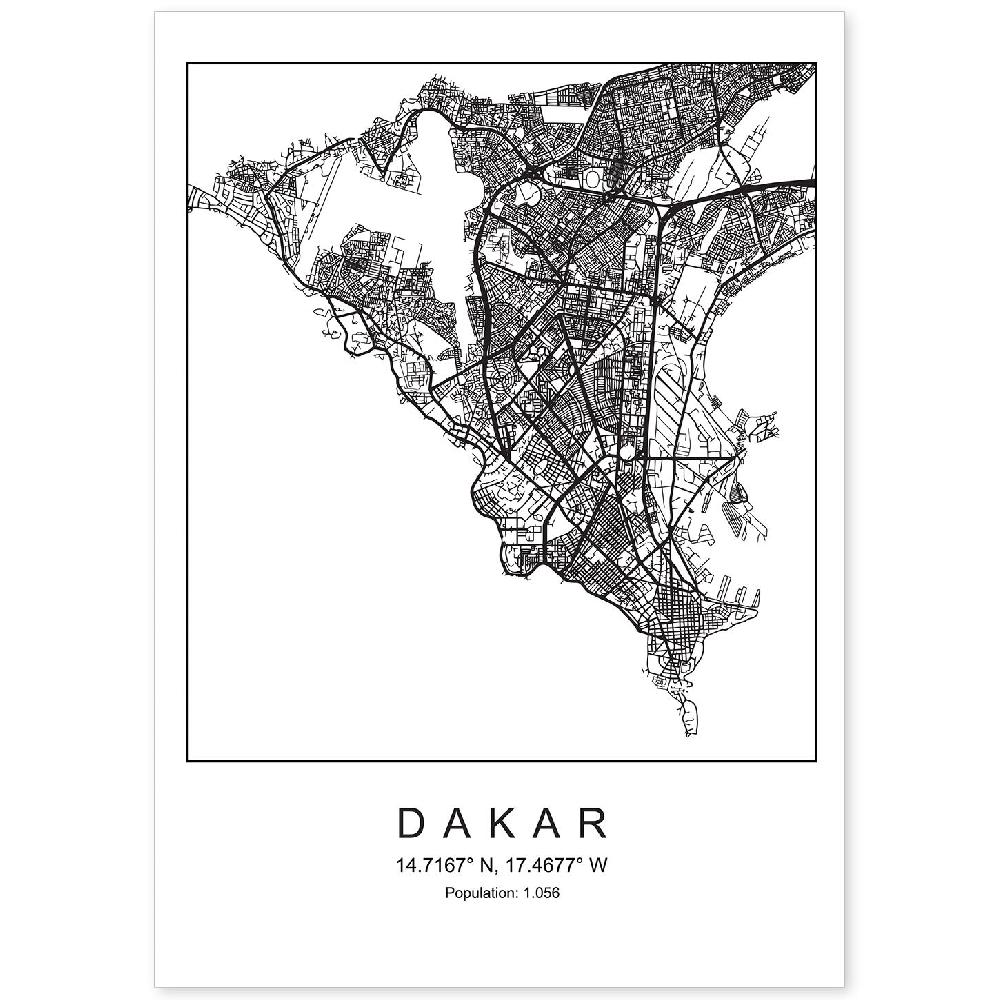 nacnic Lámina estilo nórdico mapa de Dakar en blanco y negro