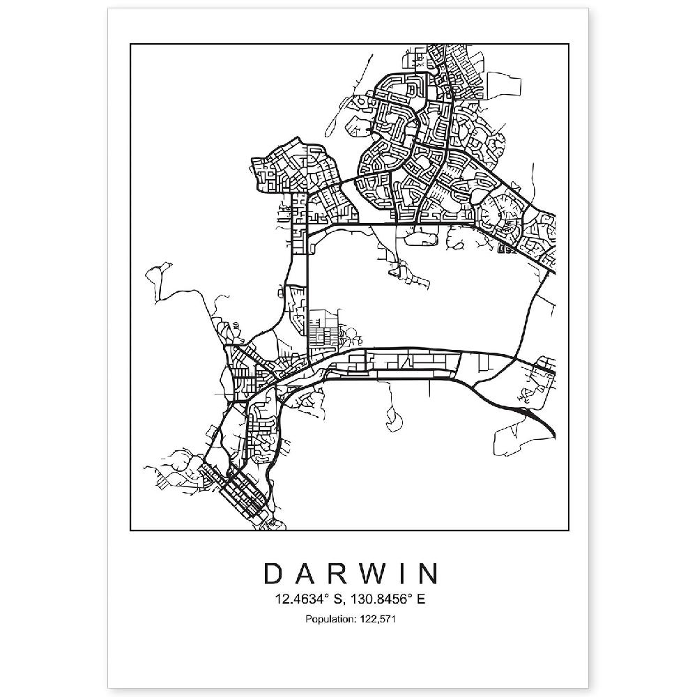 nacnic Lámina estilo nórdico mapa de Darwin en blanco y negro