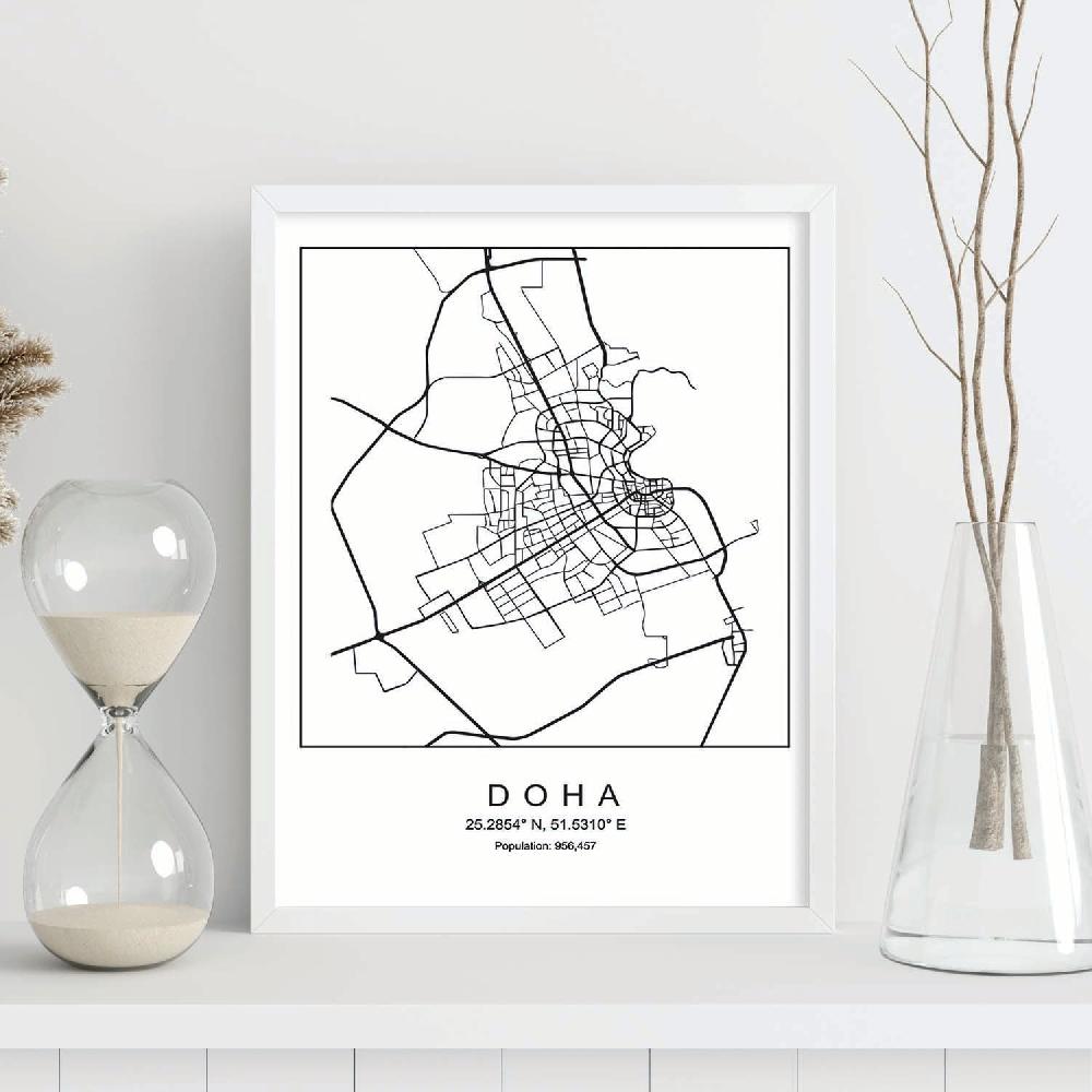 Nacnic Lámina Estilo Nórdico Mapa De Doha En Blanco Y Negro