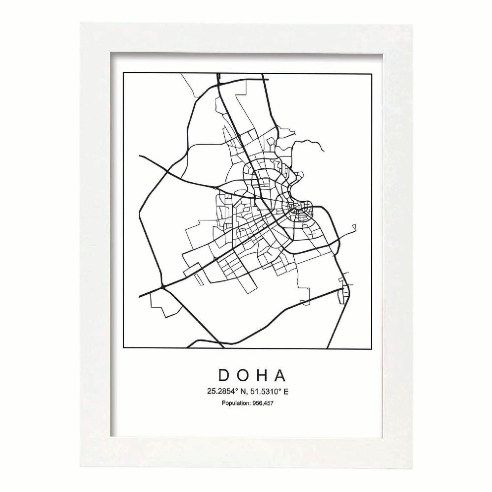 Nacnic Lámina Estilo Nórdico Mapa De Doha En Blanco Y Negro