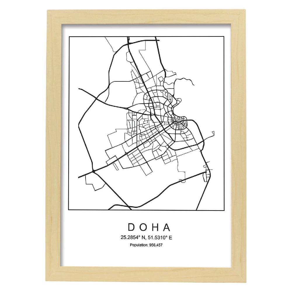 Nacnic Lámina Estilo Nórdico Mapa De Doha En Blanco Y Negro