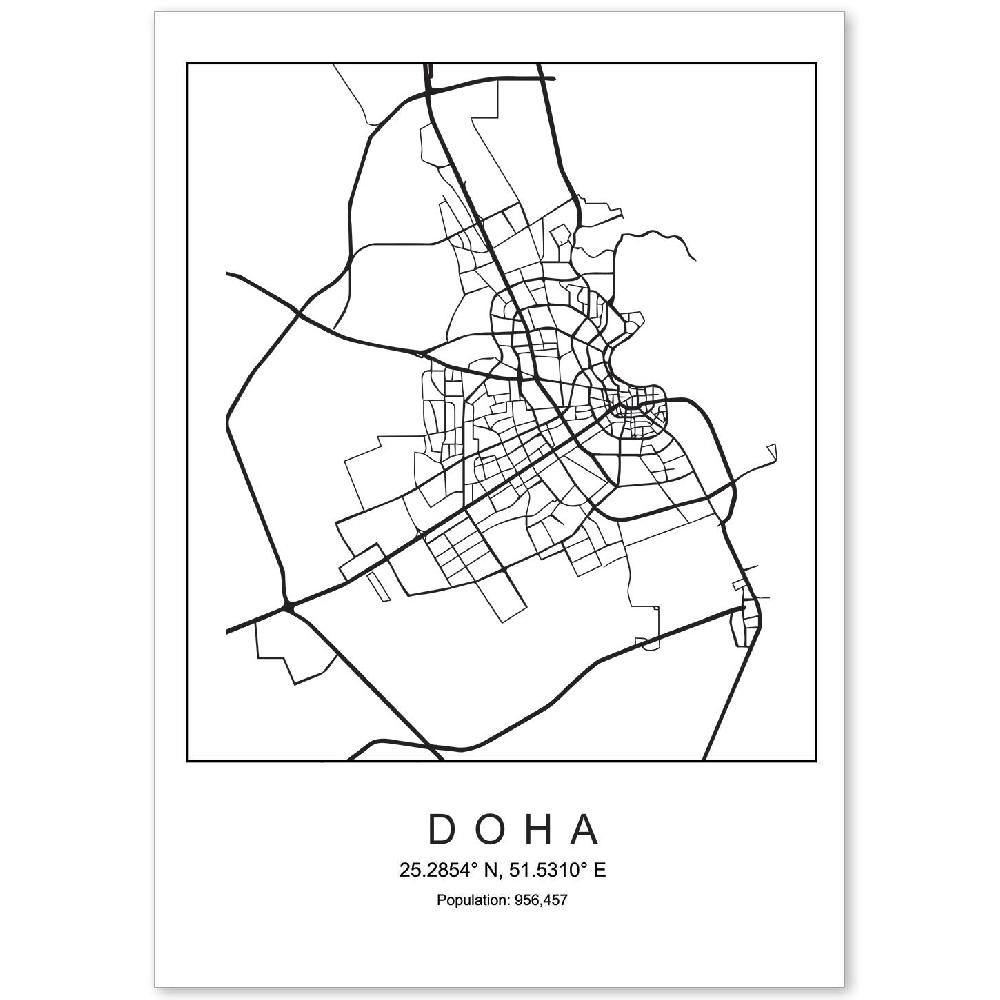nacnic Lámina estilo nórdico mapa de Doha en blanco y negro