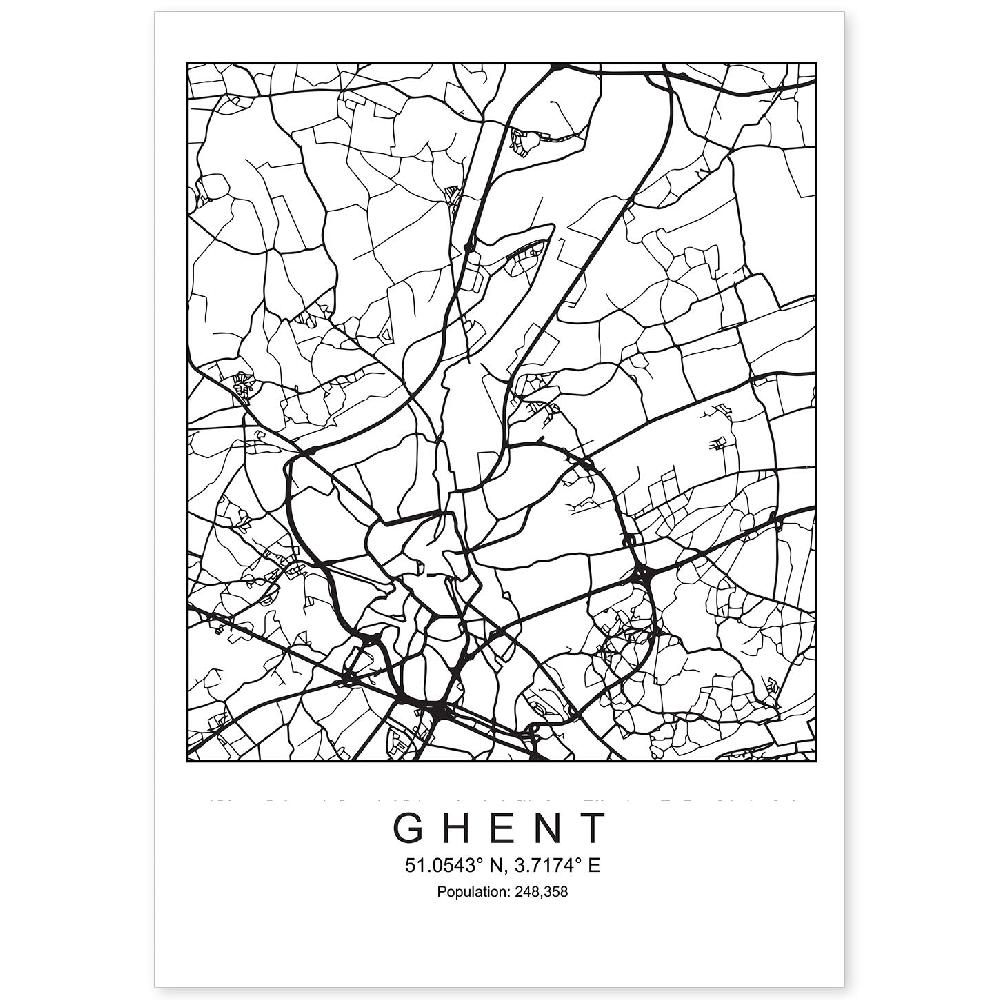 nacnic Lámina estilo nórdico mapa de Ghent en blanco y negro