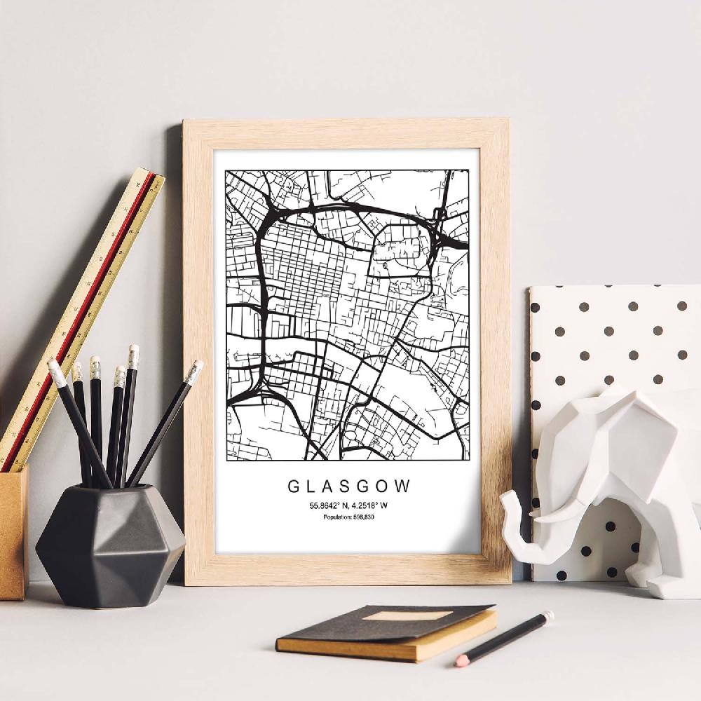 Nacnic Lámina Estilo Nórdico Mapa De Glasgow En Blanco Y Negro