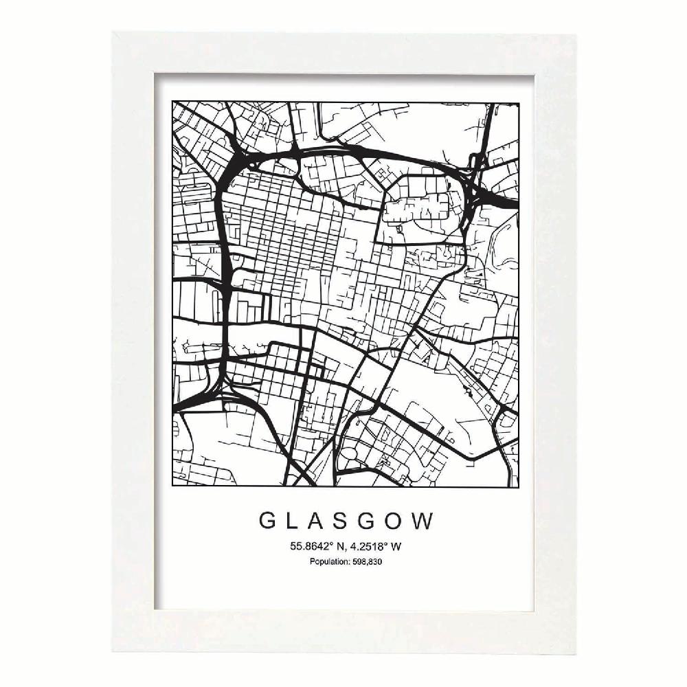 Nacnic Lámina Estilo Nórdico Mapa De Glasgow En Blanco Y Negro