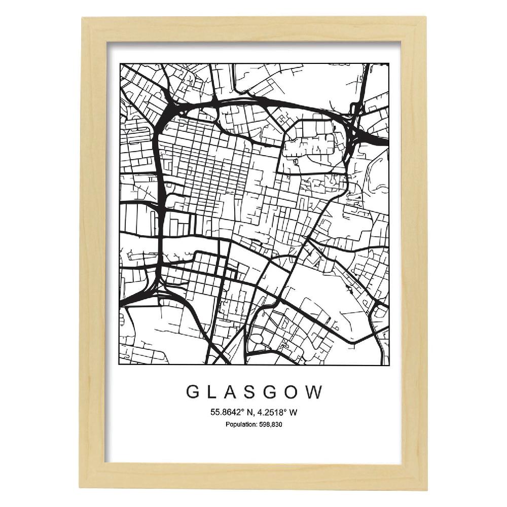 Nacnic Lámina Estilo Nórdico Mapa De Glasgow En Blanco Y Negro