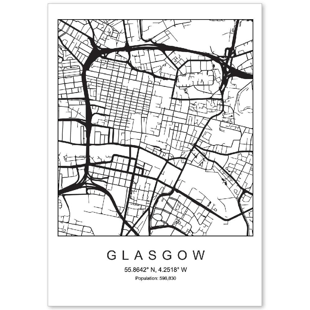 nacnic Lámina estilo nórdico mapa de Glasgow en blanco y negro