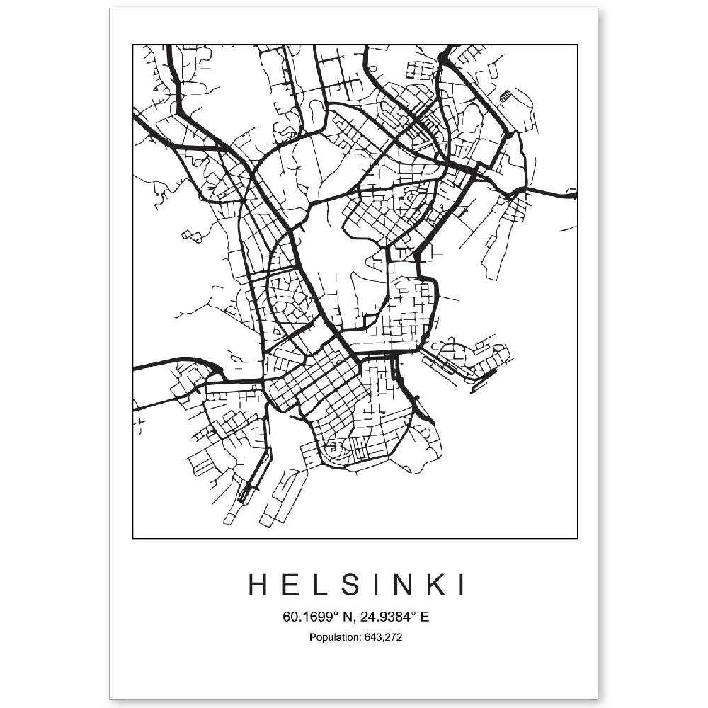 nacnic Lámina estilo nordico mapa de Helsinki en blanco y negro