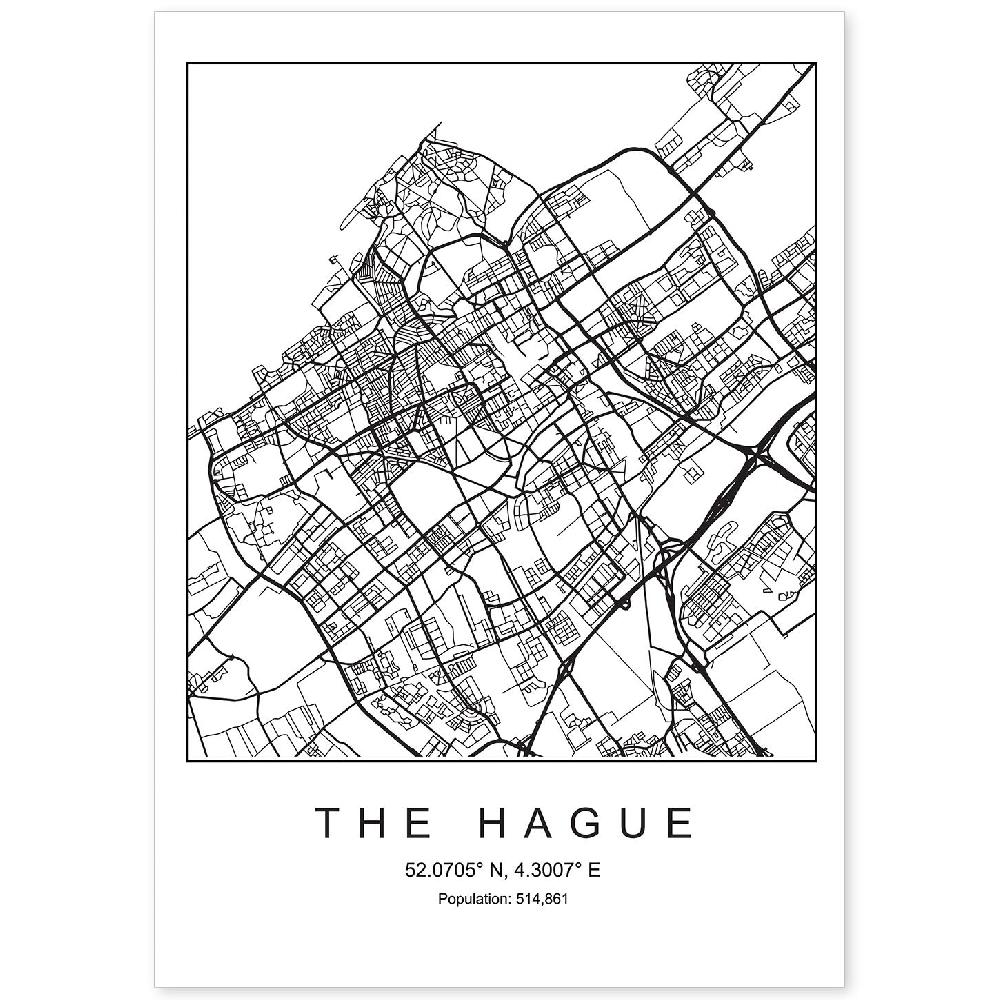 nacnic Lámina Estilo Nórdico Mapa de la Ciudad The Hague en Blanco y Negro