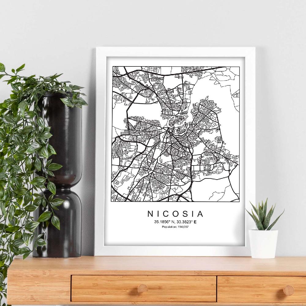 Nacnic Lámina Estilo Nórdico Mapa De Nicosia En Blanco Y Negro
