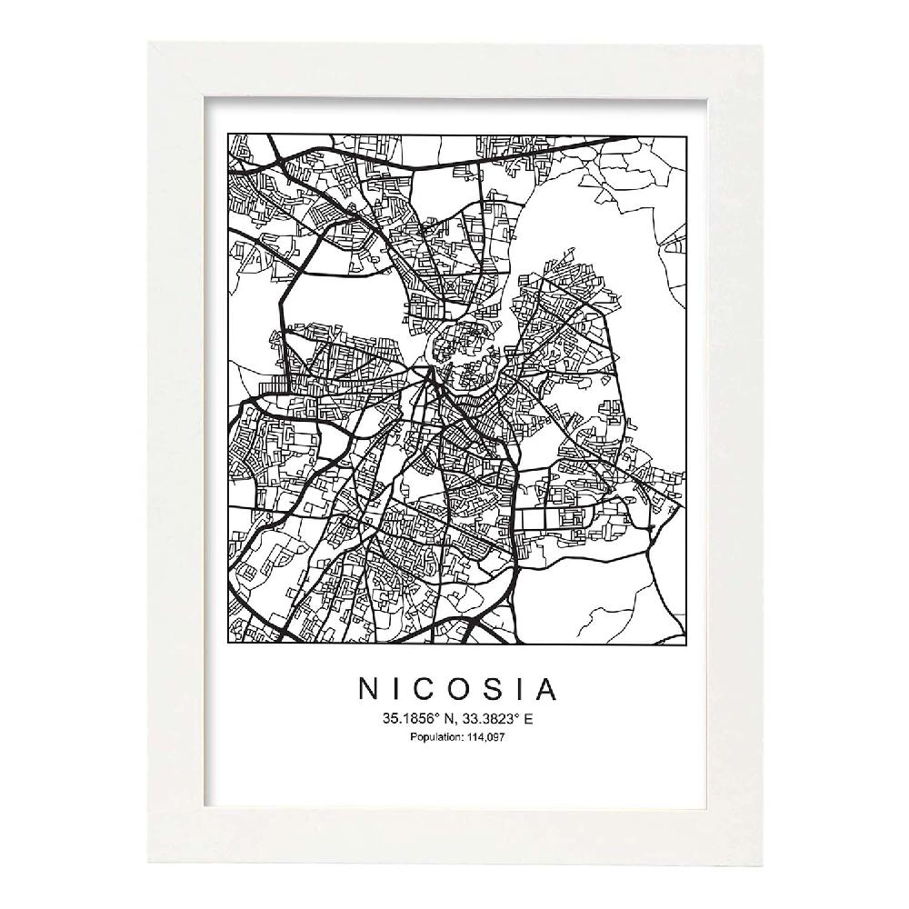 Nacnic Lámina Estilo Nórdico Mapa De Nicosia En Blanco Y Negro