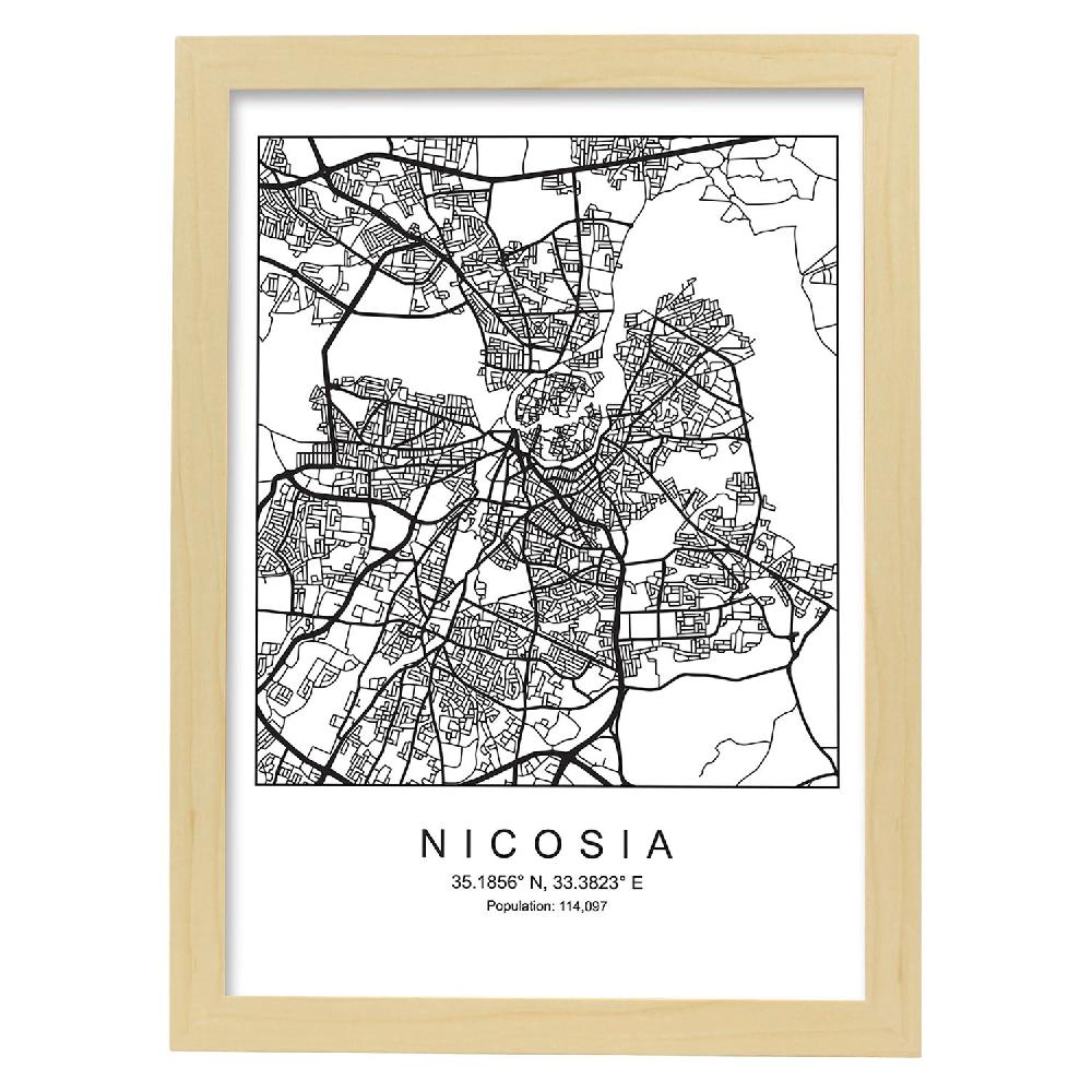 Nacnic Lámina Estilo Nórdico Mapa De Nicosia En Blanco Y Negro
