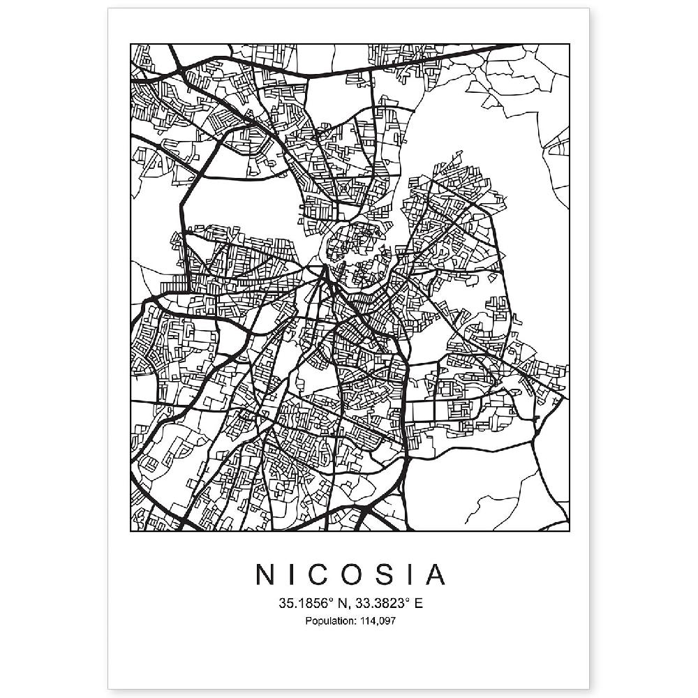 nacnic Lámina estilo nórdico mapa de Nicosia en blanco y negro