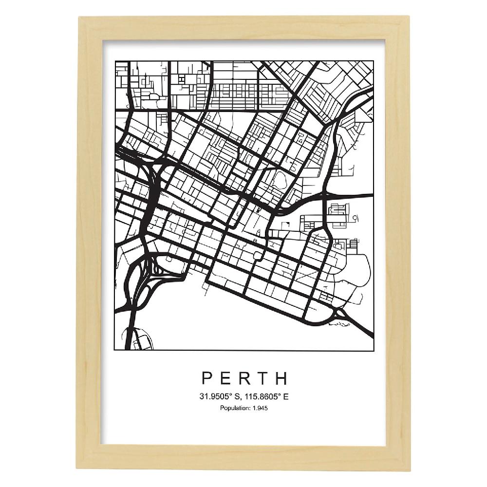 Nacnic Lámina Estilo Nórdico Mapa De Perth En Blanco Y Negro