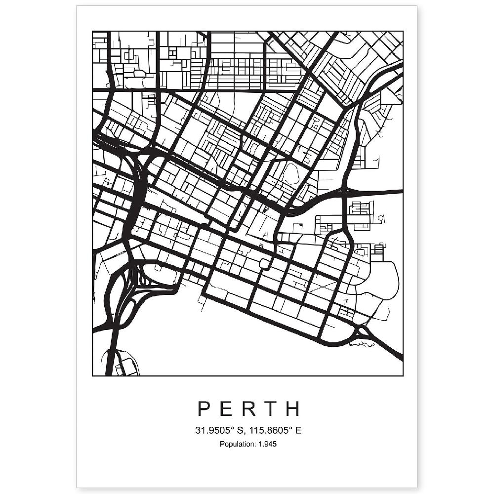 nacnic Lámina estilo nórdico mapa de Perth en blanco y negro