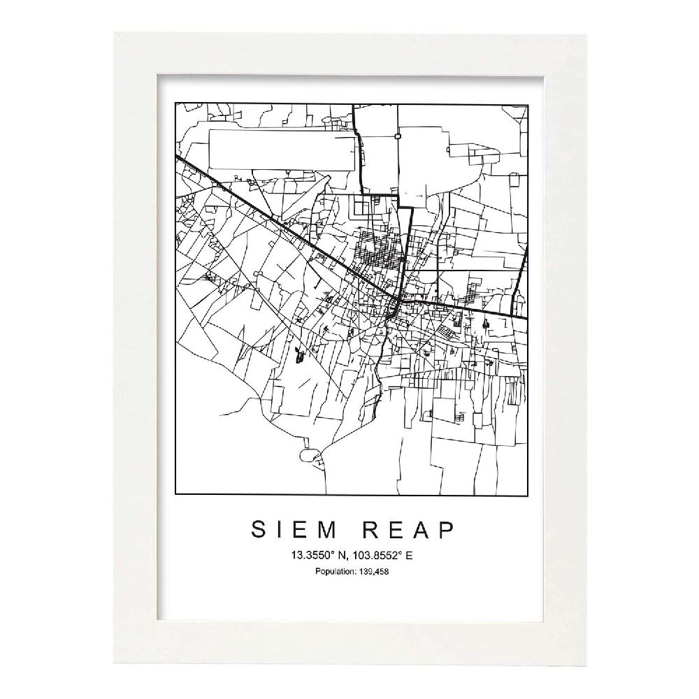 Nacnic Lámina Estilo Nórdico Mapa De Siem Reap En Blanco Y Negro
