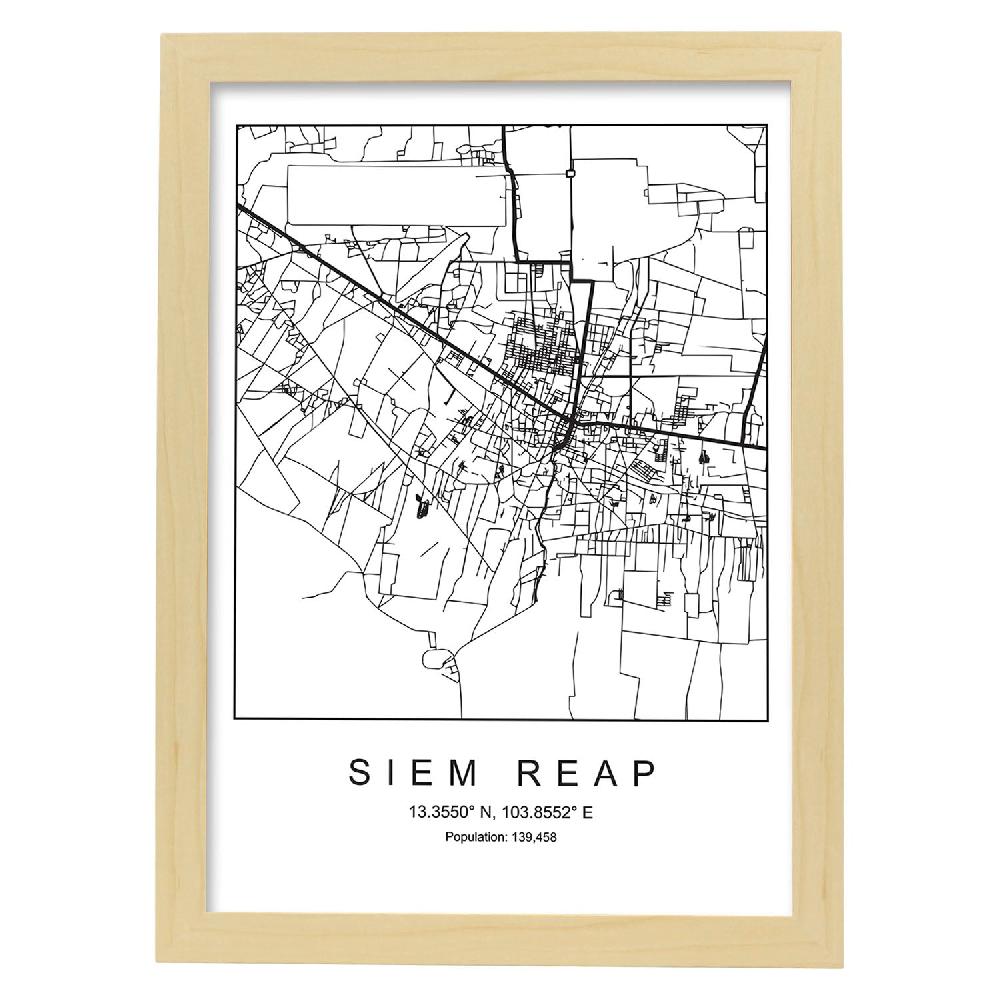 Nacnic Lámina Estilo Nórdico Mapa De Siem Reap En Blanco Y Negro