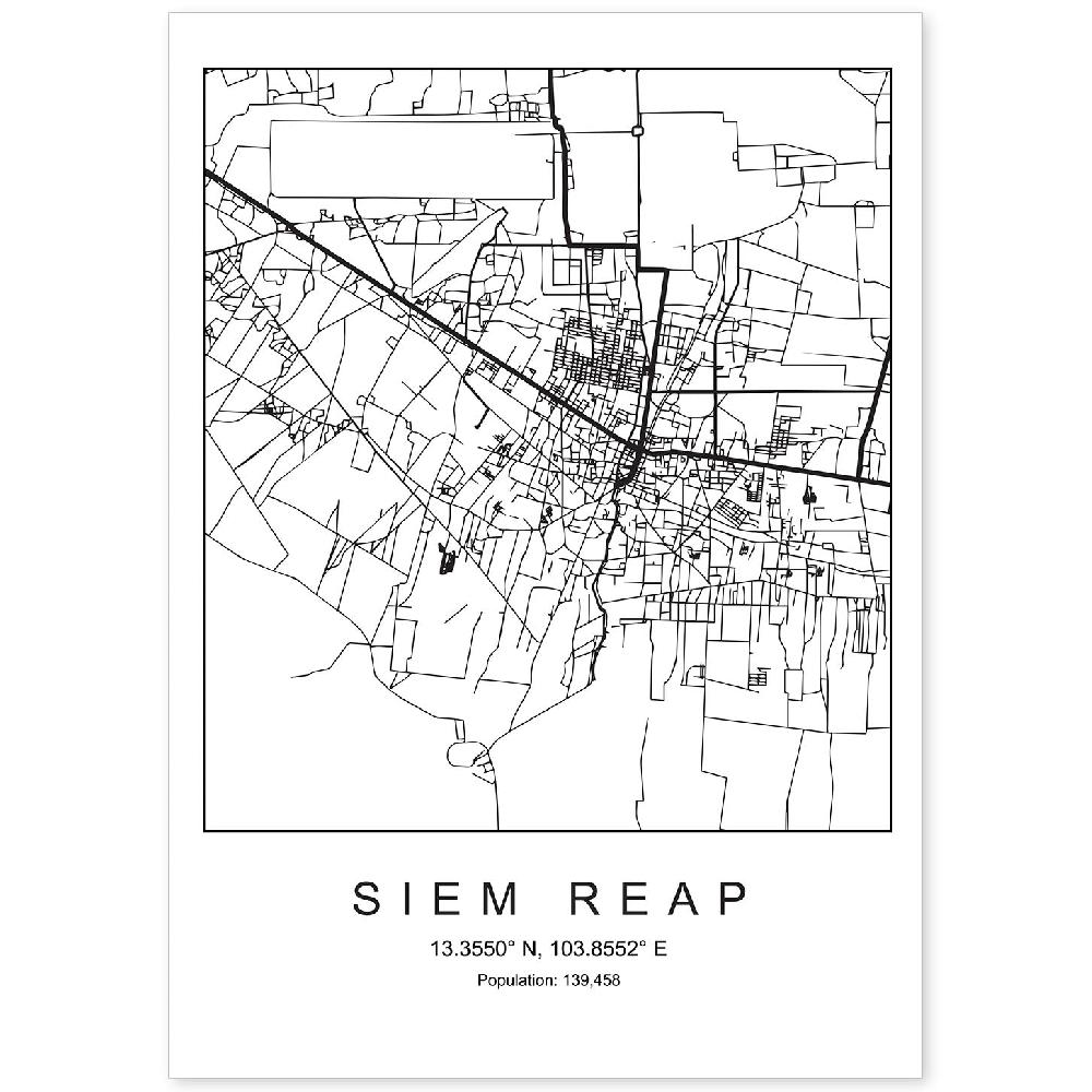 nacnic Lámina estilo nórdico mapa de Siem Reap en blanco y negro