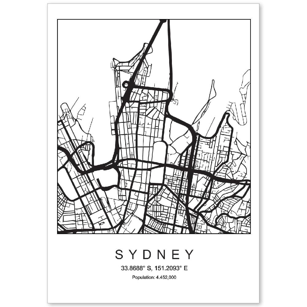 nacnic Lámina Estilo Nórdico Mapa de Sydney en Blanco y Negro
