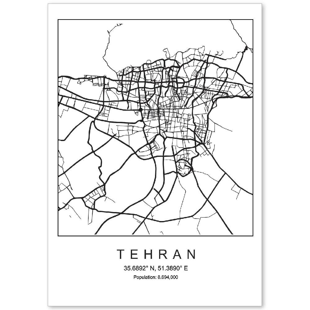 nacnic Lámina Estilo Nordico Mapa de Tehran en Blanco y Negro