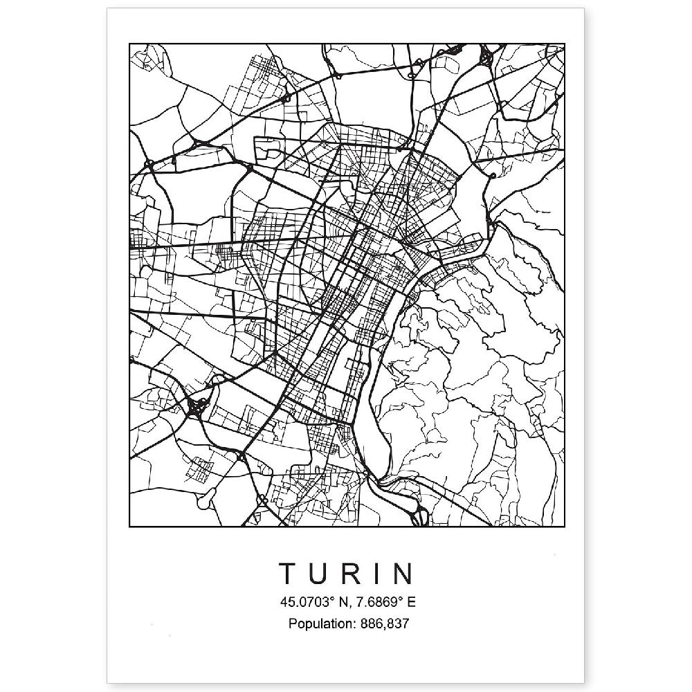 nacnic Lámina Estilo Nórdico Mapa de Turin en Blanco y Negro