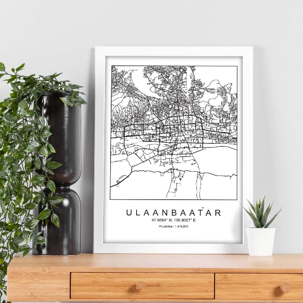 Nacnic Lámina Estilo Nórdico Mapa De Ulaanbaatar En Blanco Y Negro