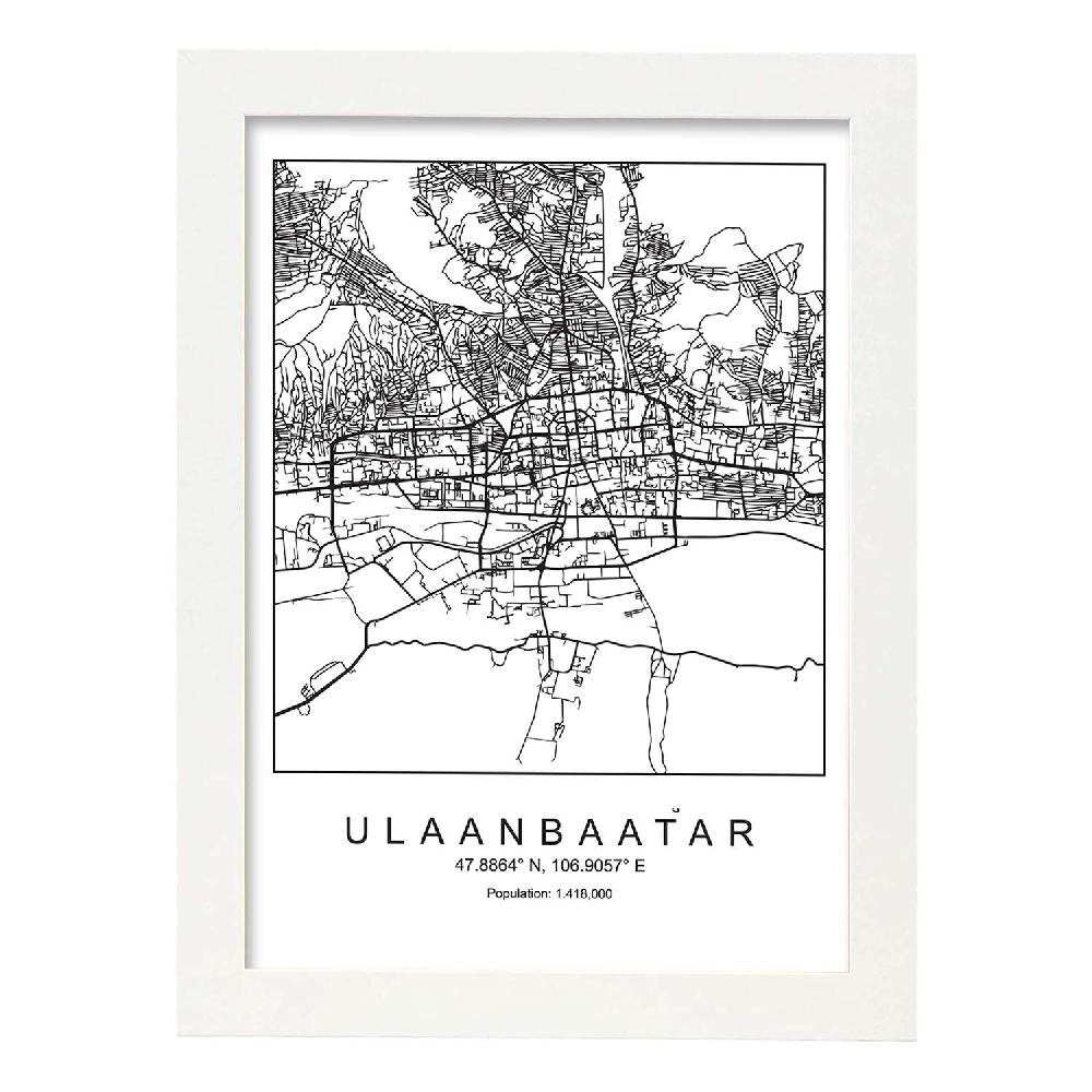 Nacnic Lámina Estilo Nórdico Mapa De Ulaanbaatar En Blanco Y Negro