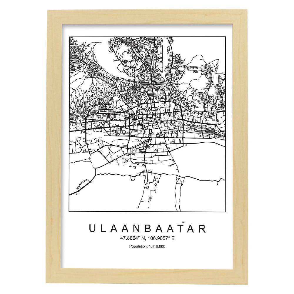 Nacnic Lámina Estilo Nórdico Mapa De Ulaanbaatar En Blanco Y Negro