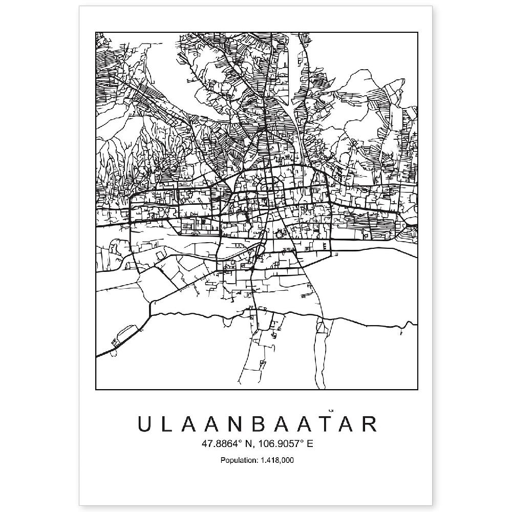 nacnic Lámina Estilo Nórdico Mapa de Ulaanbaatar en Blanco y Negro