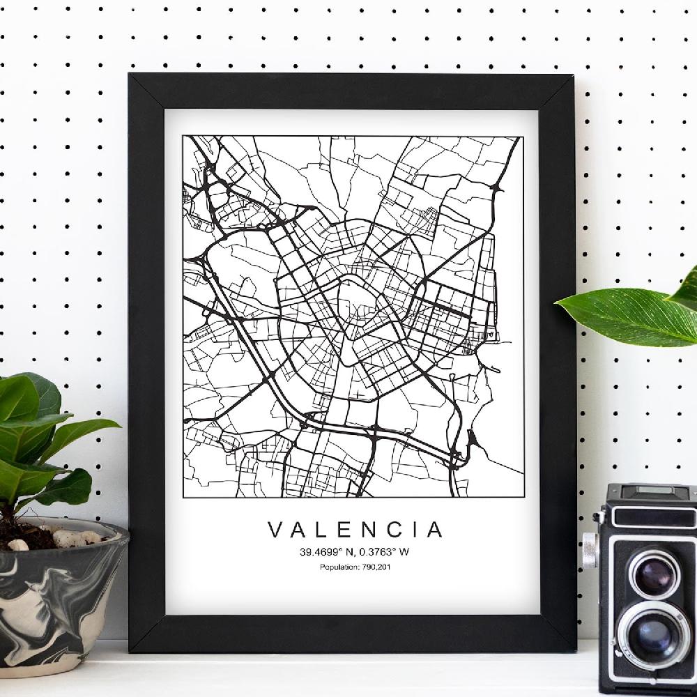 Nacnic Lámina Estilo Nórdico Mapa De Valencia En Blanco Y Negro