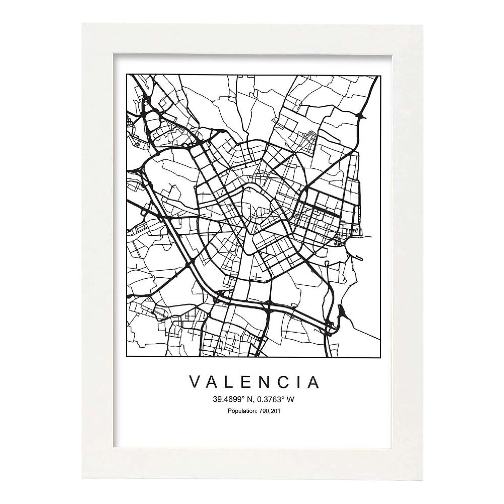 Nacnic Lámina Estilo Nórdico Mapa De Valencia En Blanco Y Negro