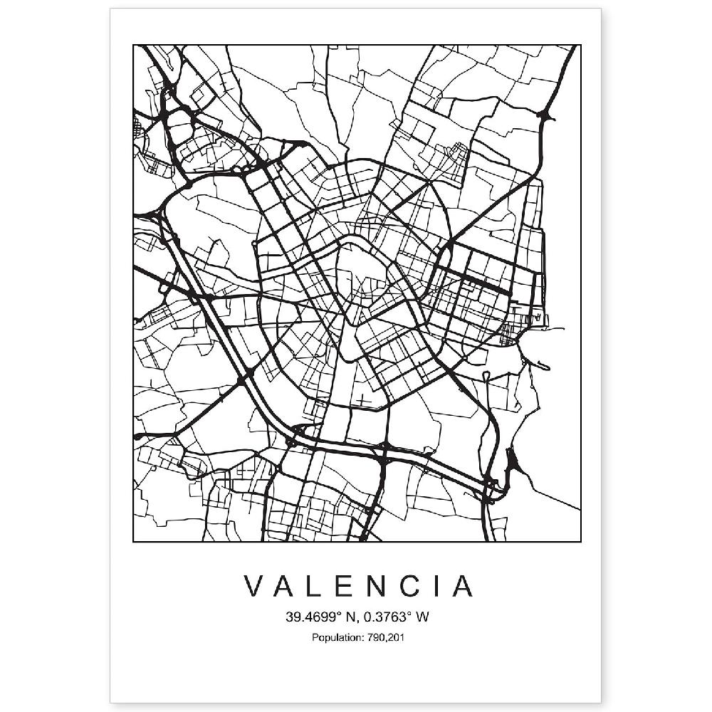 nacnic Lámina Estilo Nórdico Mapa de Valencia en Blanco y Negro