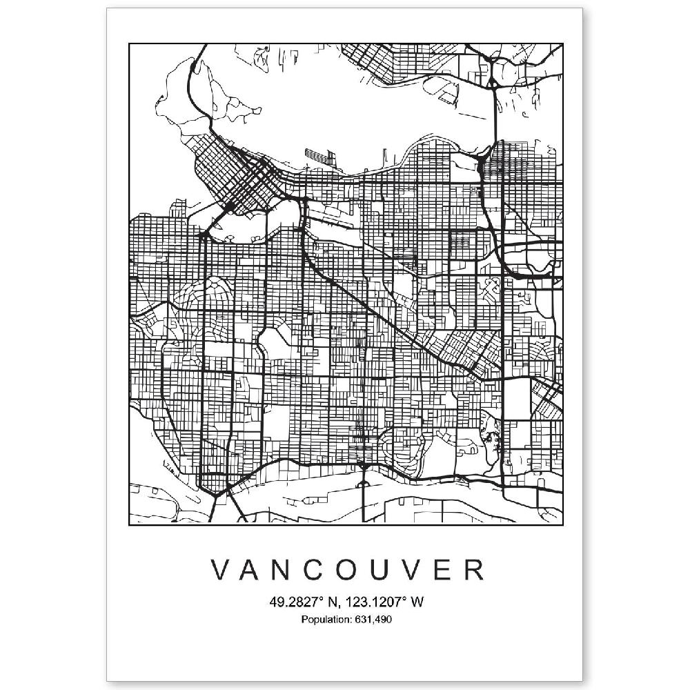 nacnic Lámina Estilo Nórdico Mapa de Vancouver en Blanco y Negro