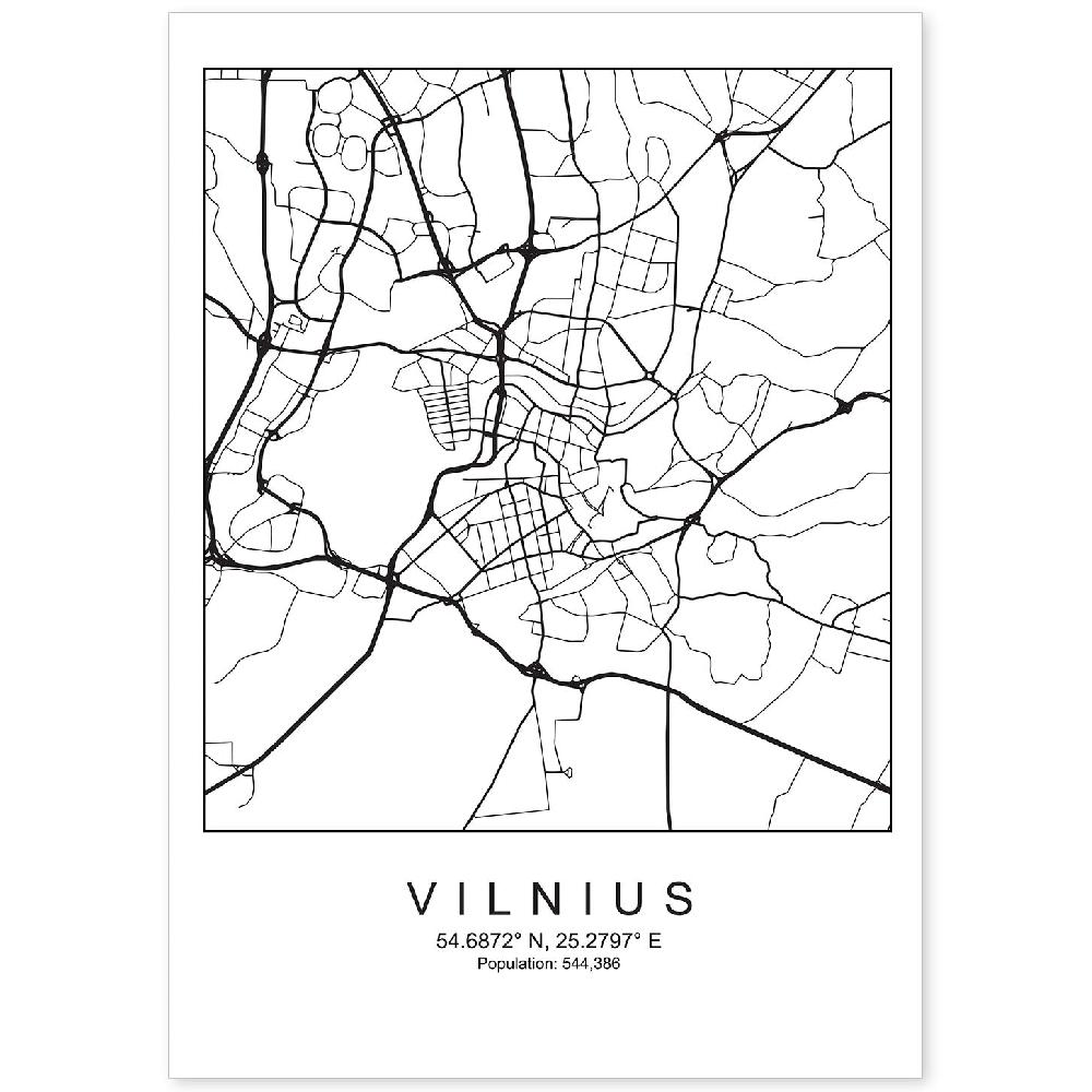 nacnic Lámina Estilo Nordico Mapa de Vilnius en Blanco y Negro