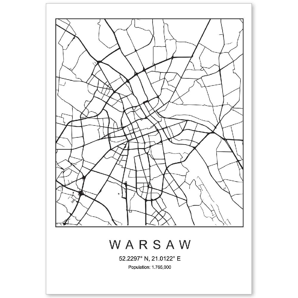 nacnic Lámina Estilo Nórdico Mapa de Warsaw en Blanco y Negro