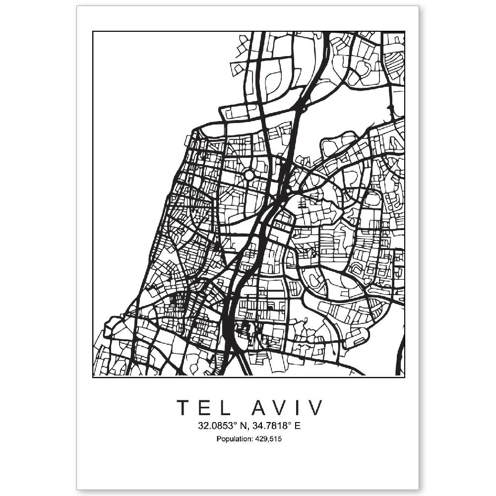 nacnic Lámina Estilo Nórdico Mapa Tel Aviv Blanco y Negro