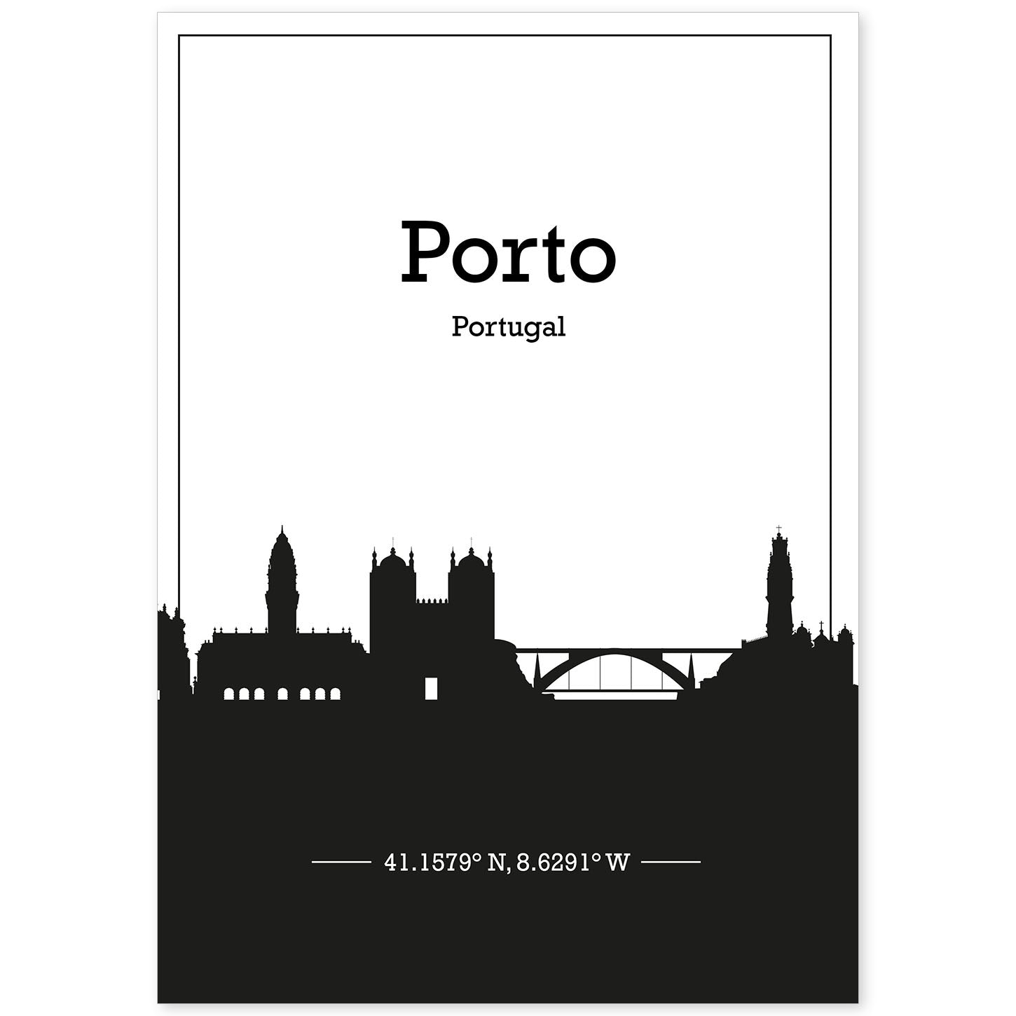 nacnic Lámina Mapa de Porto con Skyline Sombra Negra