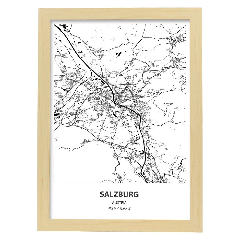 Nacnic Lámina Mapa De Salzburg - Austria En Color Negro